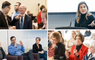 A collage of four different photos from the Approaches for Accessible Clinical Trials symposium hosted by Clinical Trials BC. The different photos are of speakers, attendees and hosts speaking.