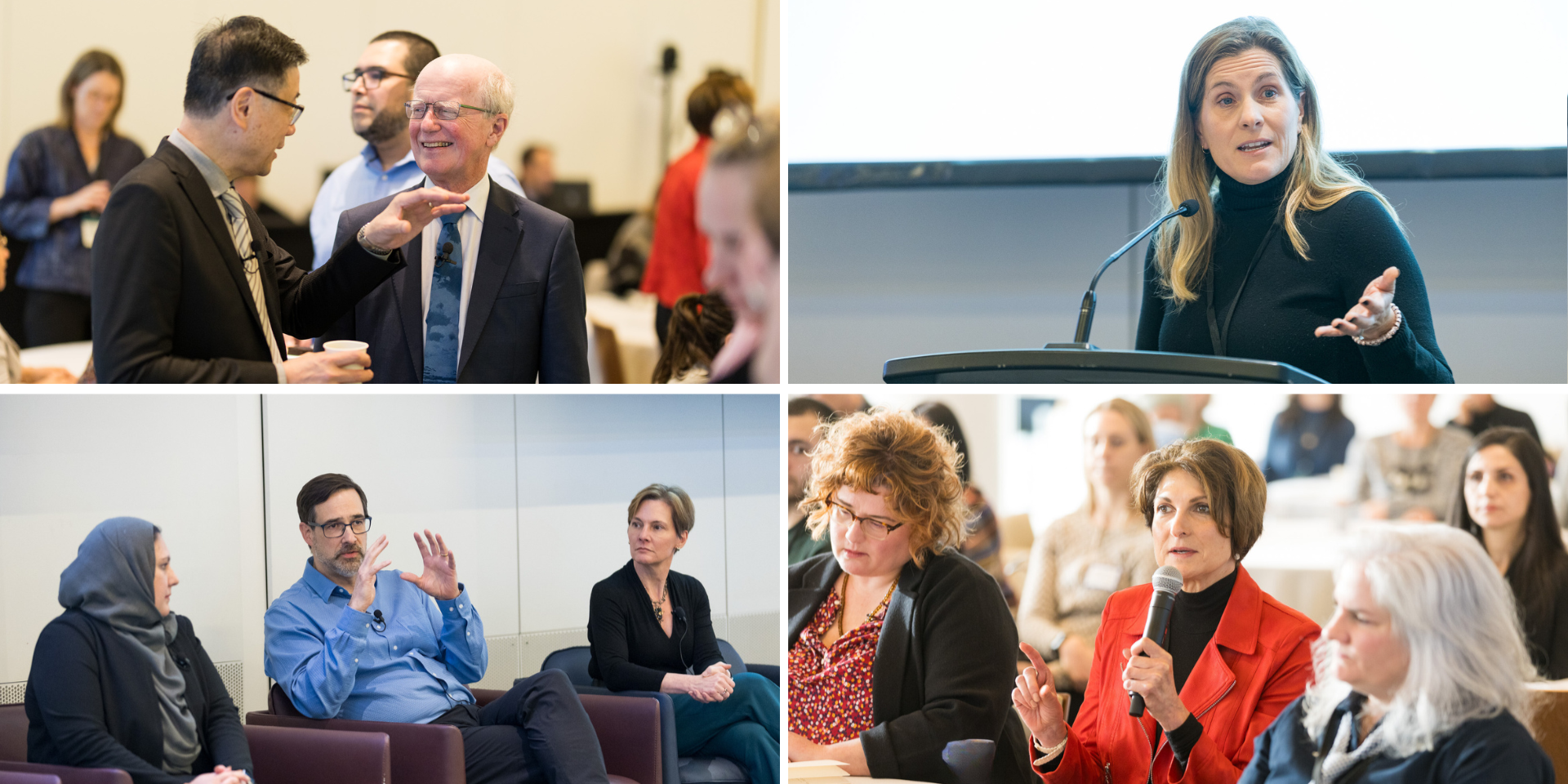A collage of four different photos from the Approaches for Accessible Clinical Trials symposium hosted by Clinical Trials BC. The different photos are of speakers, attendees and hosts speaking.