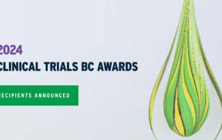 Graphic that announces the Clinical Trials BC Award 2024 recipients. On the right is a glass trophy of the award.