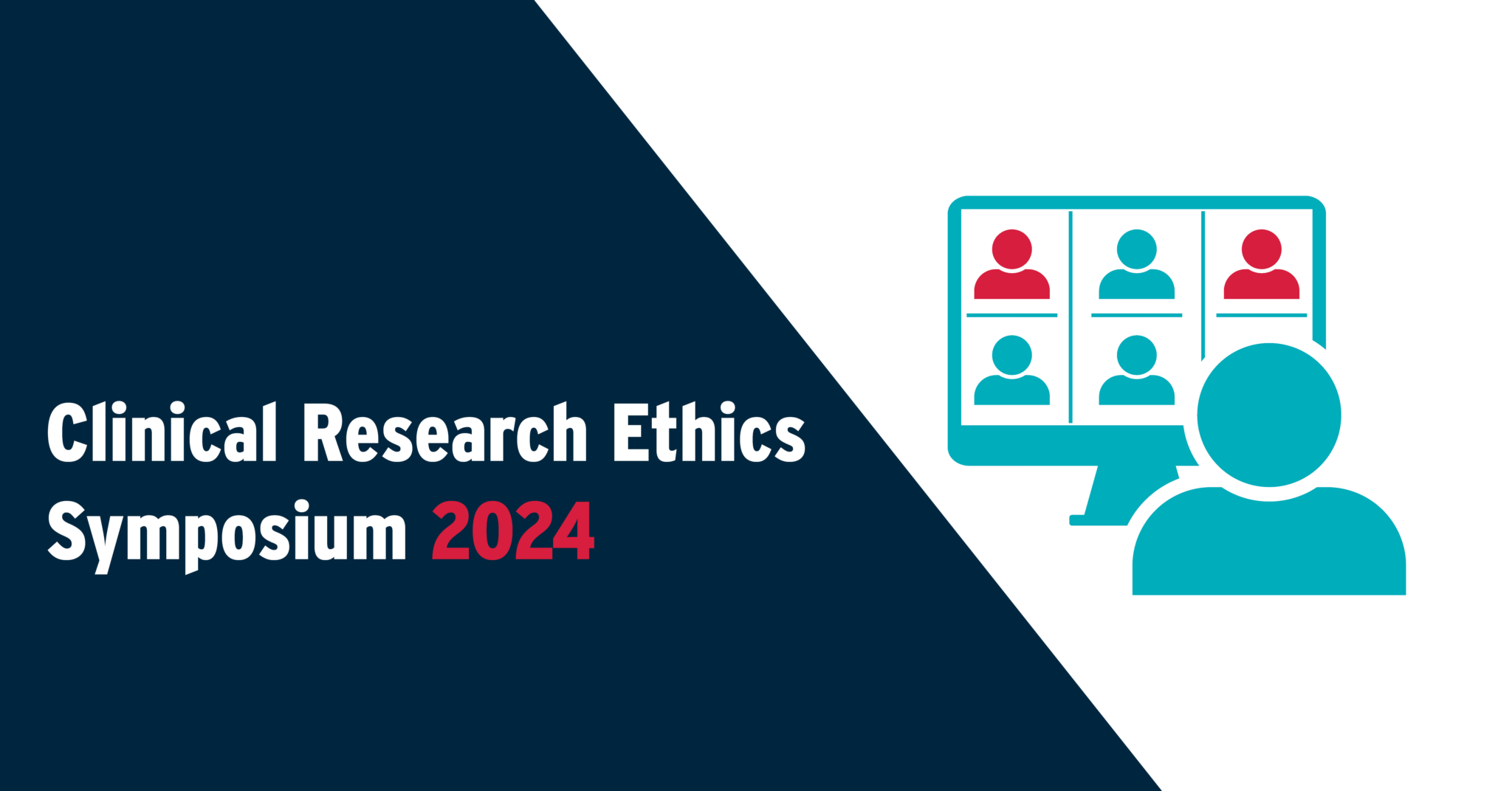 Clinical Research Ethics Symposium 2024 promotional graphic, with an icon of a person looking at a screen of virtual faces.