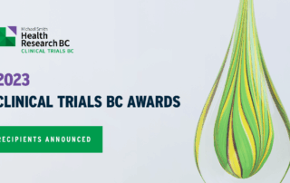Graphic that announces the Clinical Trials BC Award 2023 recipients. On the right is a glass trophy of the award.