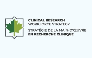 Logo for Canada's Clinical Research Workforce Strategy, which has the strategy title on the left and a green maple leaf icon on the right.