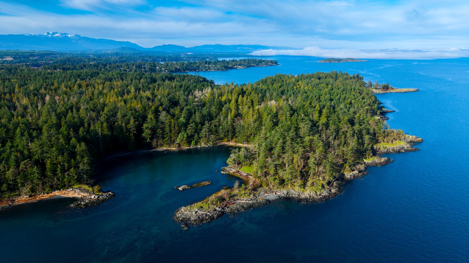 An aerial shot of Moorecroft Regional Park, Nanoose Bay at Vancouver Island, British Columbia, Canada. The photo shows evergreen trees on a vibrant bay area, with ocean in the background. The skies and mostly clear with soft clouds.