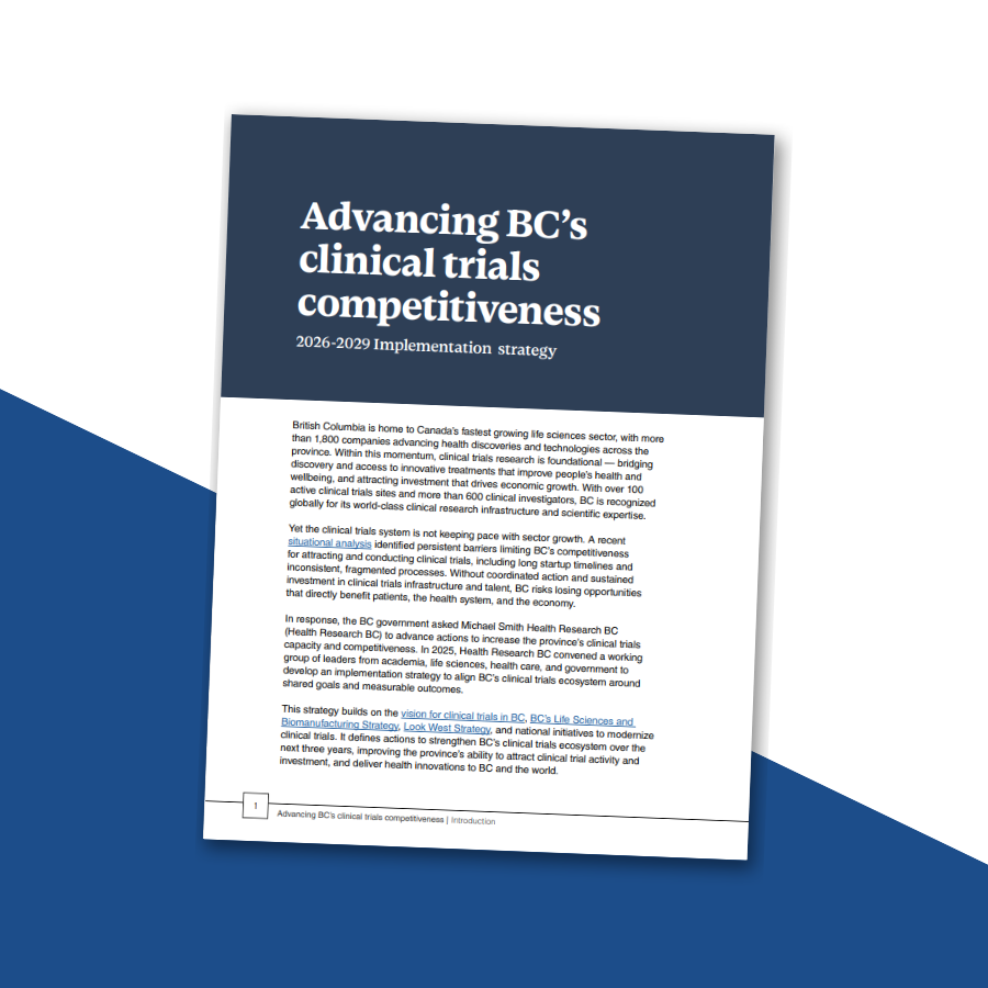 Blue-CT strategy launch – Website square Cover page of BC's clinical trials strategy