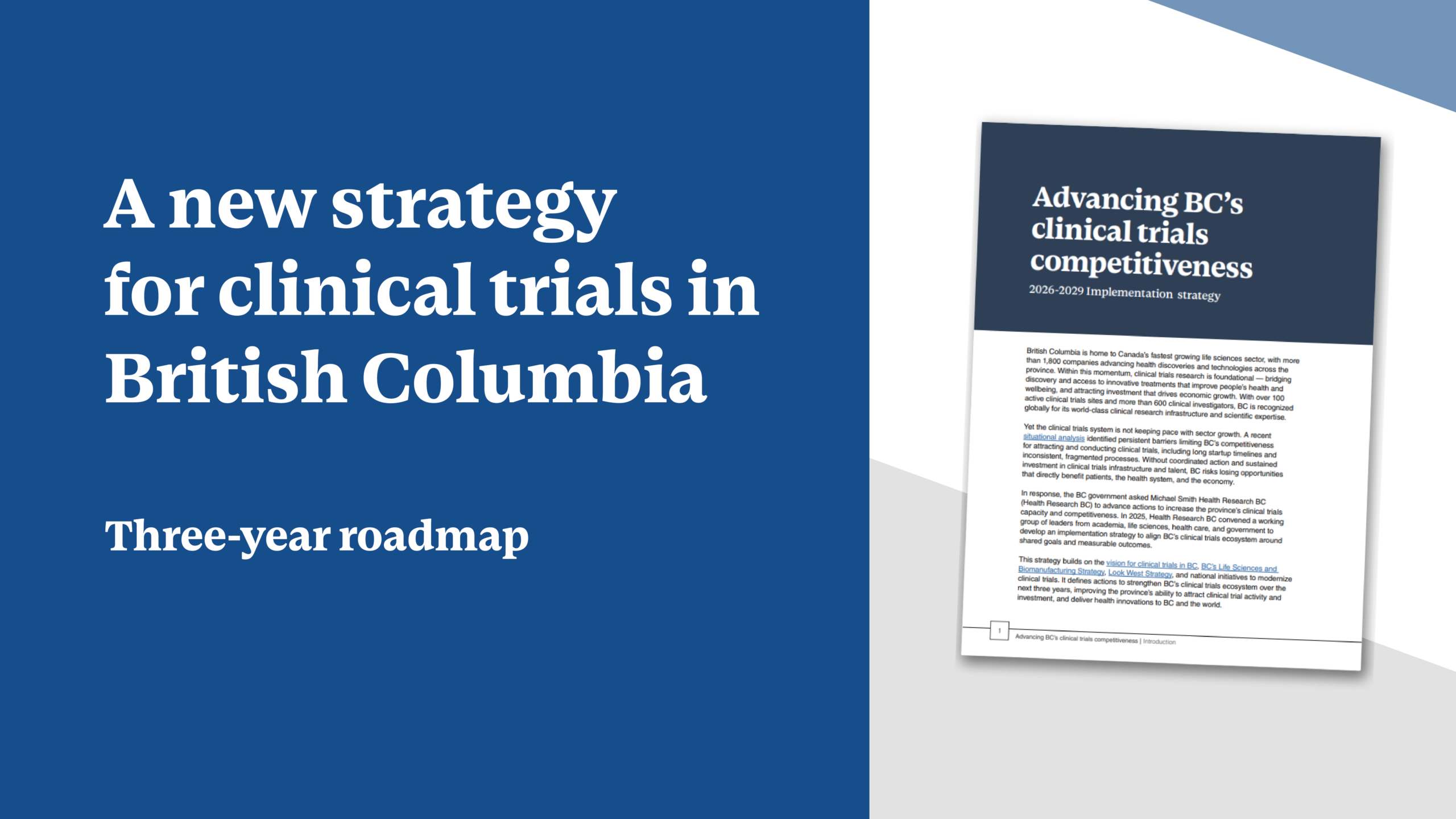 Cover page of BC's clinical trials strategy on the right, with text on the left: A new strategy for clinical trials in British Columbia: Three-year strategy.